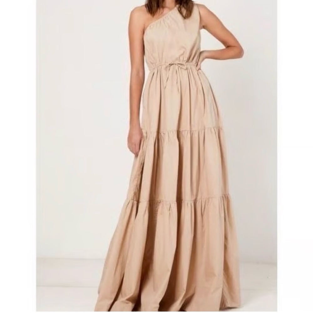 S/W/F Tan One Shoulder Tiered Maxi Dress Khaki Brown Quiet Luxury Medium M
